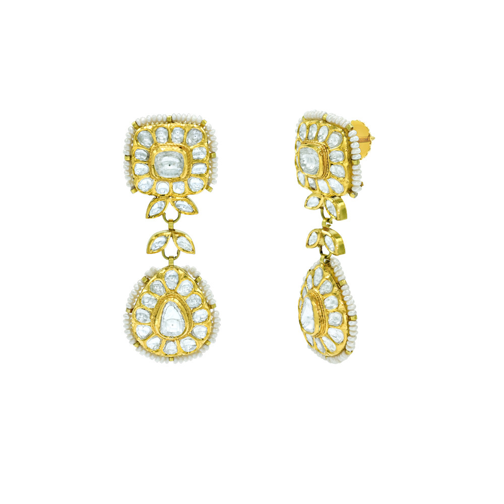 Polki Square Necklace Set with Polki Leaves and Pear Drop